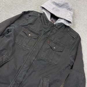 Levis Sherpa Lined Military Utility Jacket Mens Large Black Hooded Full Zip Coat